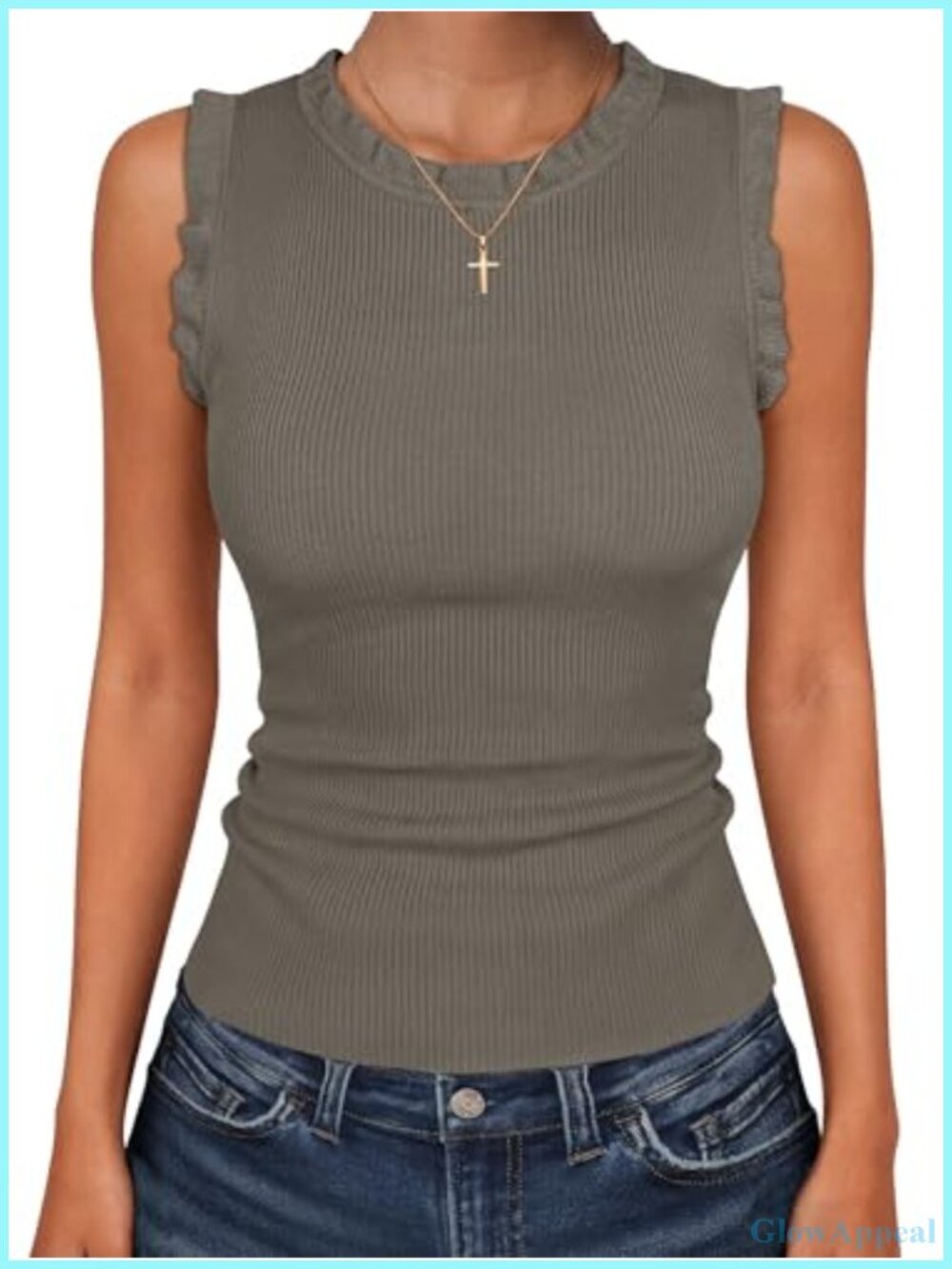 Womens Ribbed Tank Top Ruffle Sleeveless Crew Neck Summer Tops Viscose